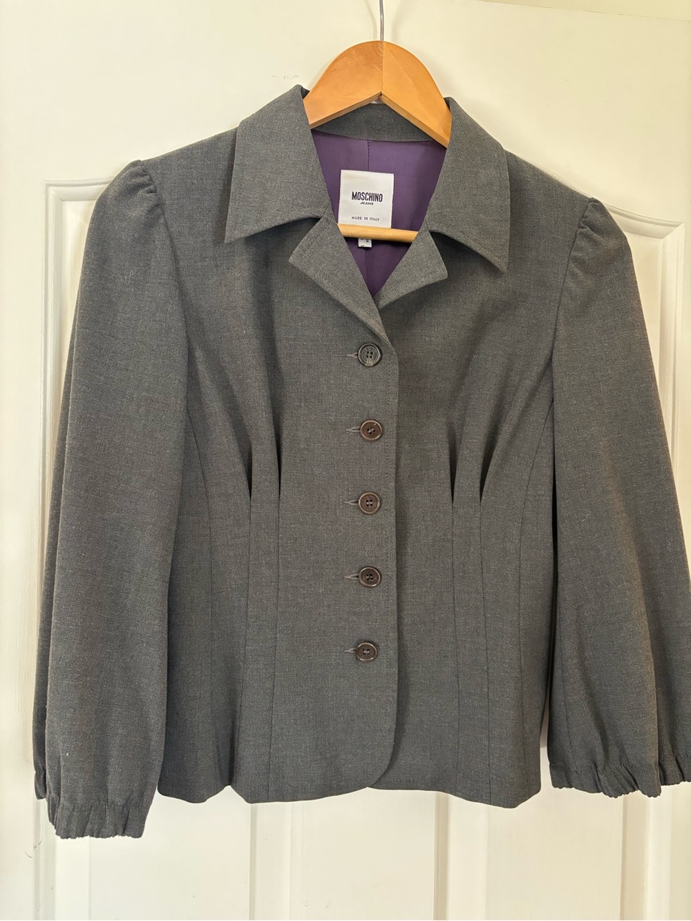 Moschino Grey Tailored Cinch Waist Puffed Sleeve Blazer 40s/50s Style